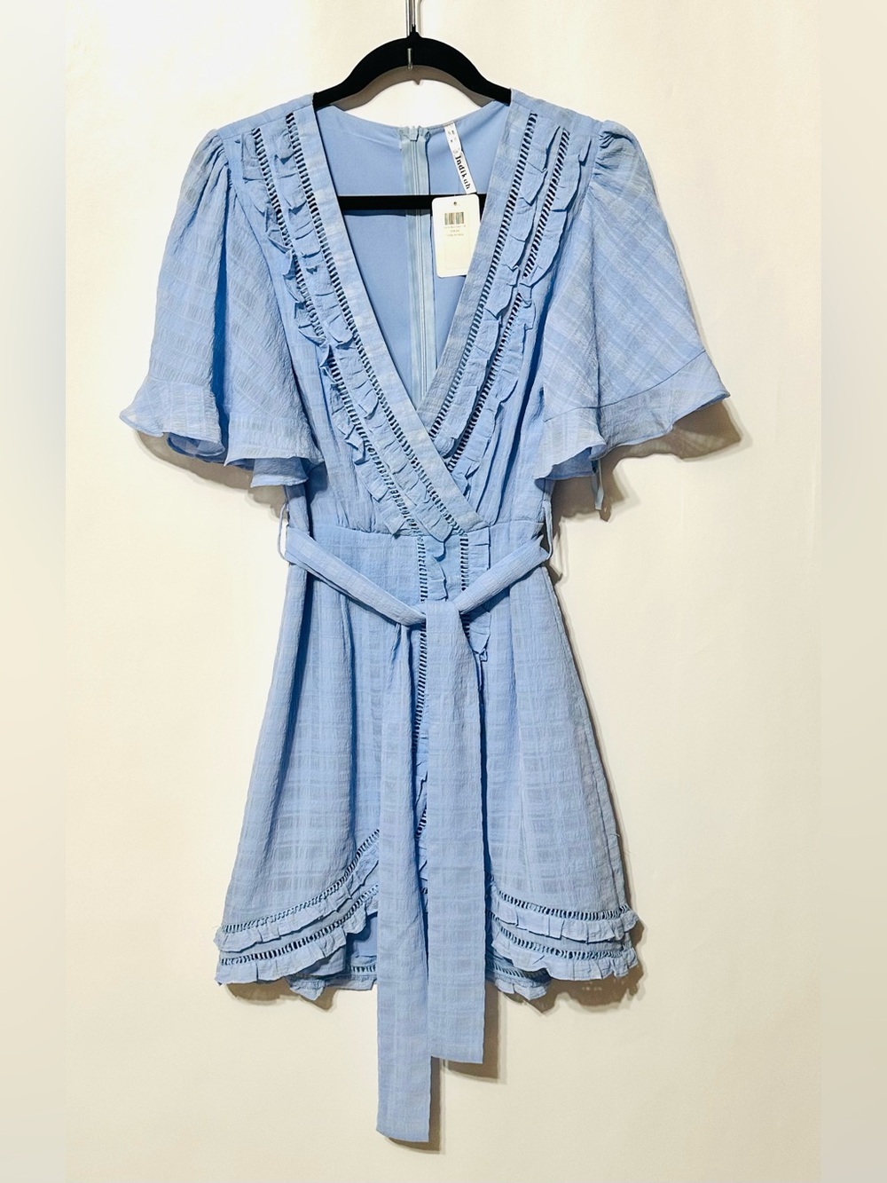 INDIKAH Light Blue Ruffle Checkered Tie Dress NWT- Size M